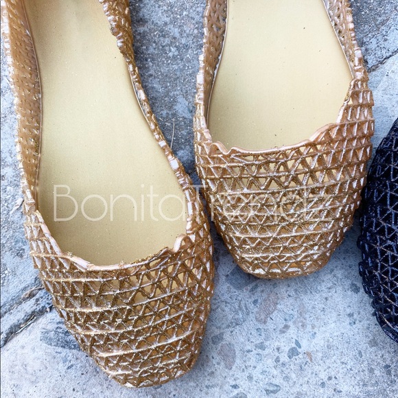 Bonita_TrendZ Shoes - Gold Glitter Web Ballerina Jelly Flats